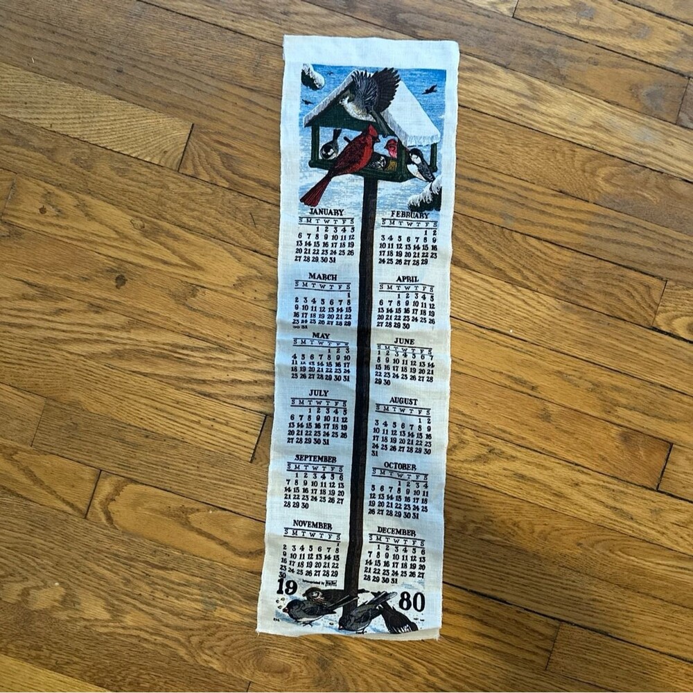 Vintage 1980 Winter Birdfeeders Narrow Cloth Calendar Cardinals Chickadees